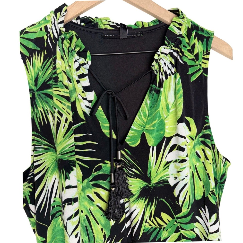 White House Black Market Tropical Palm Leaf Tassel Tie Sleeveless Blouse L Green - Picture 3 of 8